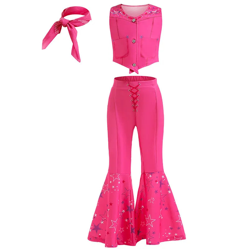 Girls New Movie Barbi Costume Margot Robbie Barbe Pink Top+Trousers Kids Halloween Cospaly Children Clothes