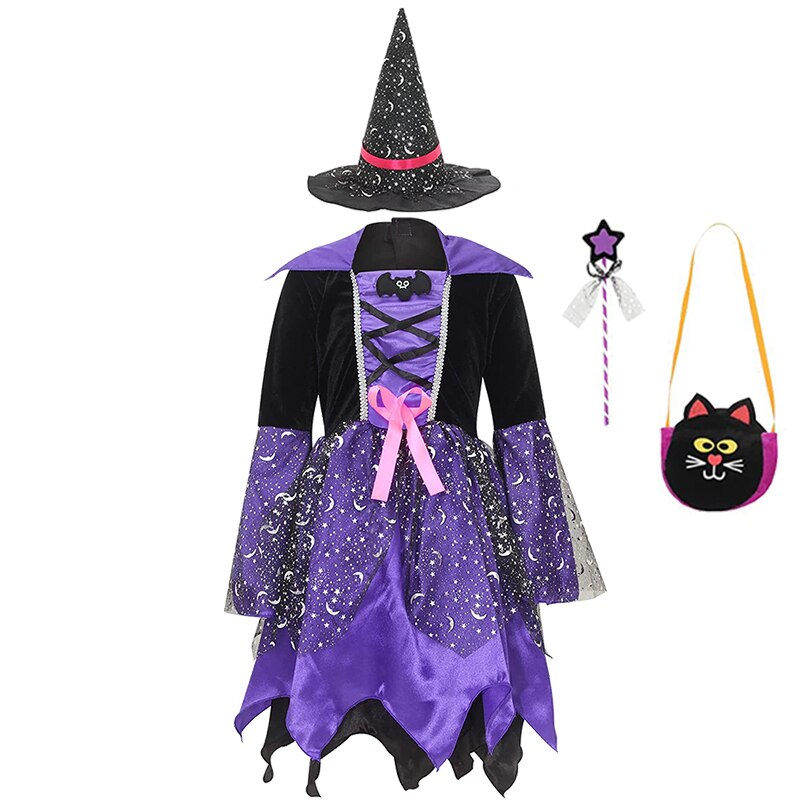 Halloween Masquerade Party Girls Purple Orange Green Witch Costume Hat Broom Props Child Carnival Stage Drama Performance Dress