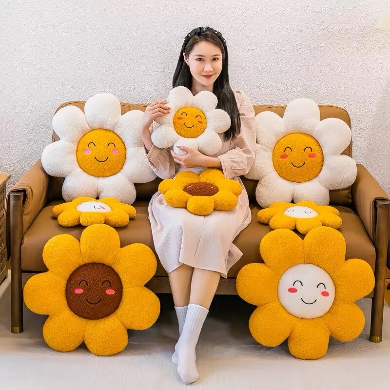 Sunflower Throw Pillow Stuffed Toy Soft Kawaii Sofa Cushion Cartoon Plush "Keep Smile" Face Bedroom Flower Floor Seat Pad