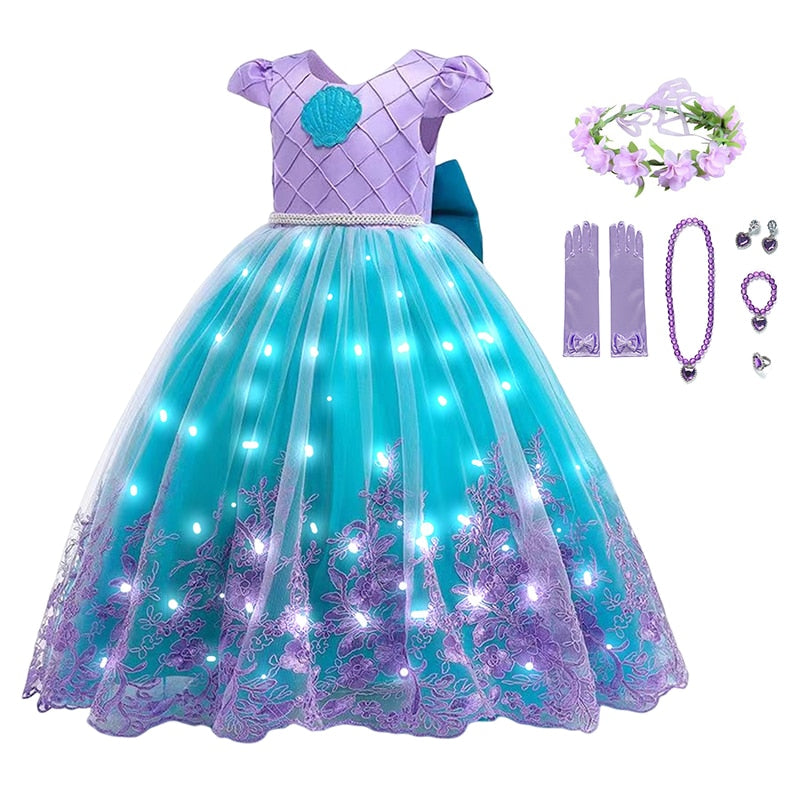 Disney Girls Little Mermaid Ariel Princess Dresses Led Light up Kids Costume Carnival Party Children Halloween Dress Up Clothes