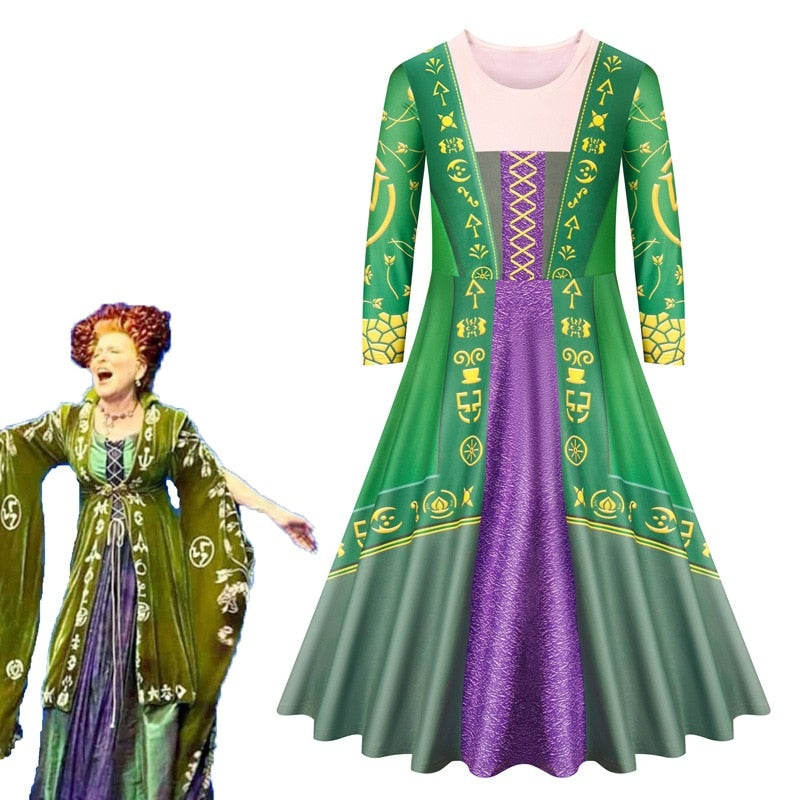 Hocus Pocus Halloween Witch Dress Up Kids Winifred Sanderson Cosplay Costume Fancy Girls Long Sleeve Printed Milk Silk Clothing