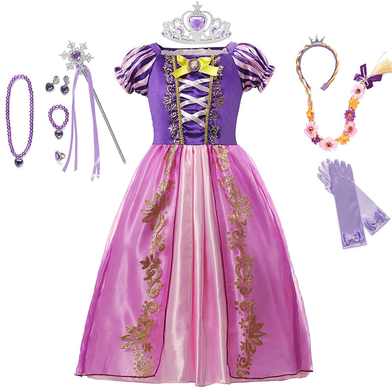 Disney Girls Cosplay Tangled Rapunzel Princess Dresses Kids Costume Fancy Purple Luxury Mesh Clothes Birthday Party Ball Gown