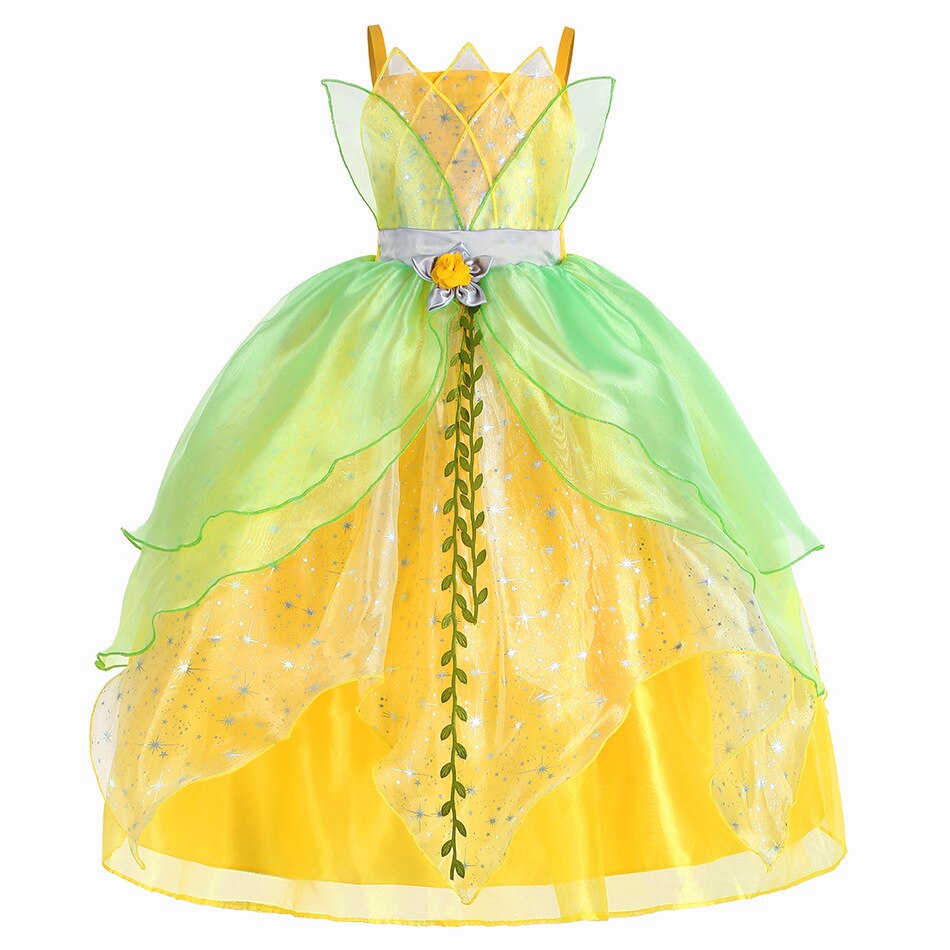 Disney Tiana Princess Dresses Girl Cosplay The Princess And The Frog Flower Off Shoulder Clothes for Kids Birthday Party Costume