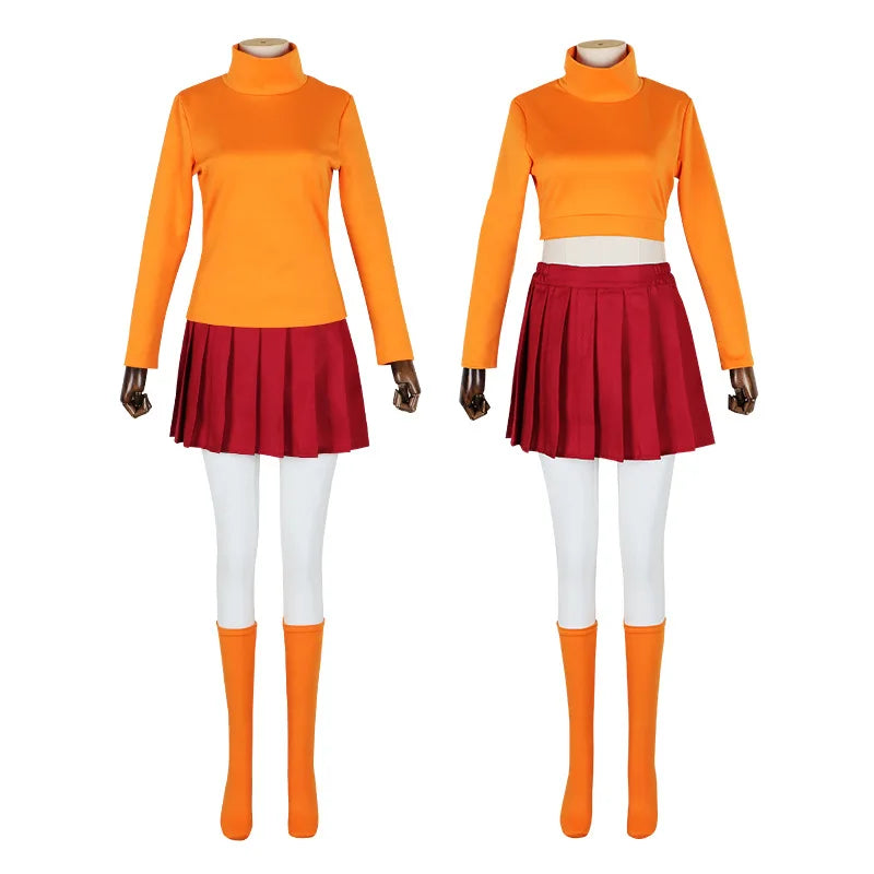 Anime Velma Seragam Cosplay Kostum Orange Short Skirt Uniform Wanita Oranye Kaus Kaki Rok Atas Halloween Party Carnival Set