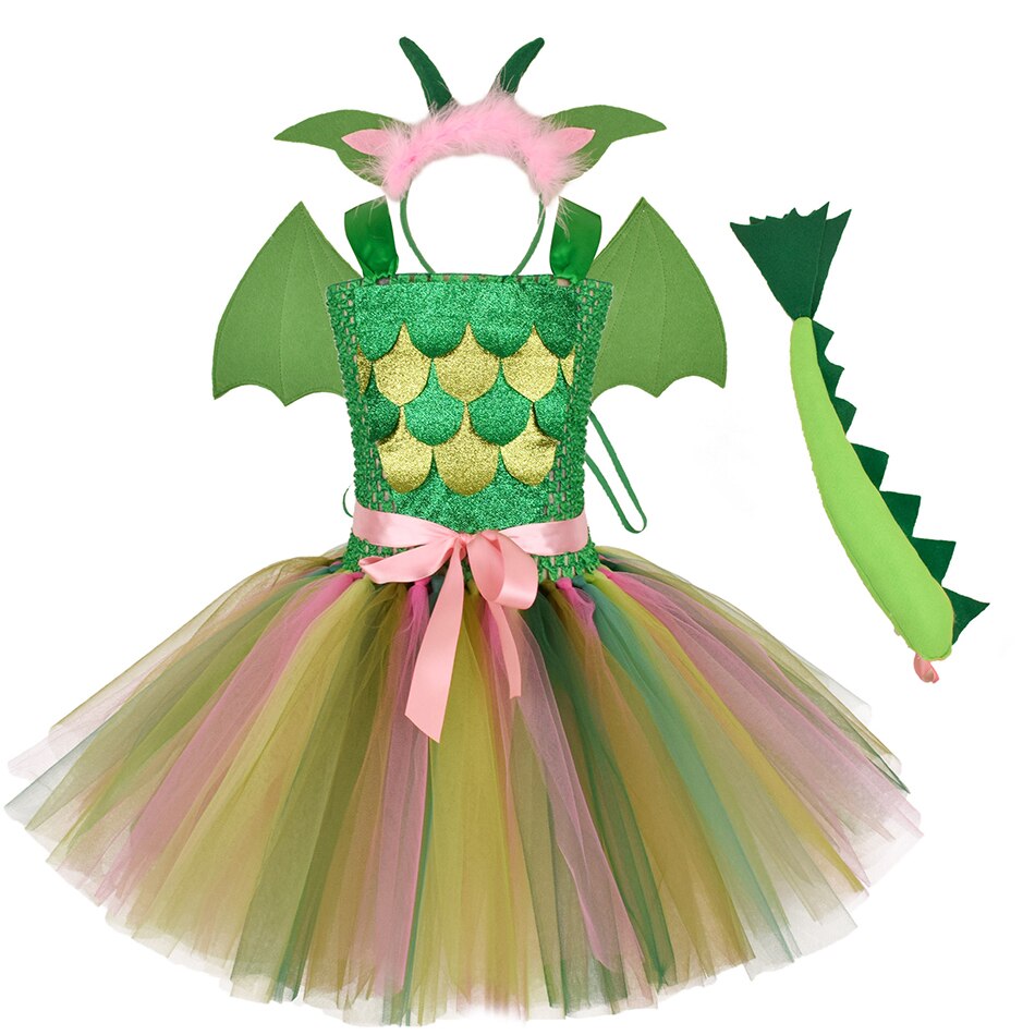 New Kids Halloween Mesh Tutu Dress Girl Dinosaur Cosplay Costume with Headband Wings Tail