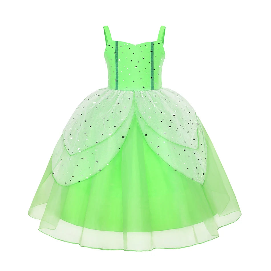 Girl Disney Tinker Bell Green Princess Cosplay Dress Kids Halloween Party Elegant GownTinkerbell Floor Length Frocks With Wings