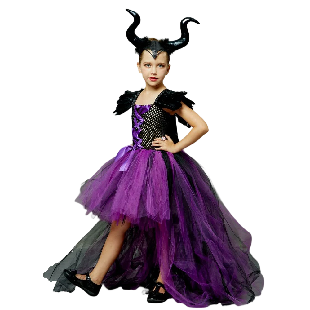 Girls Evil Witch Dresses 2024 Halloween Costume Cosplay Dress Childrens Fancy Christening Black Gown New Tutu Queen Witch Outfit