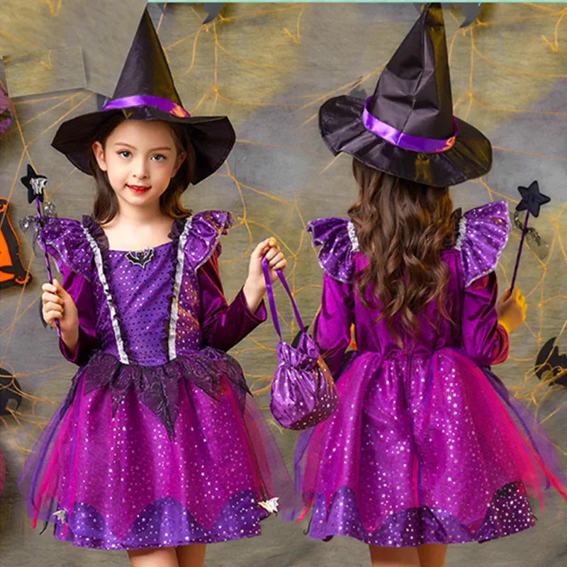 Halloween Cosplay Witch Costume for Girls With Hat Children Carnival Party Gown Infant Witch Dress Clothing  2024 Fancy Dress