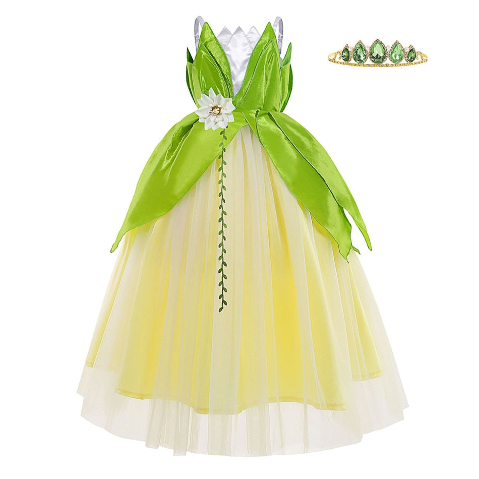 Disney Tiana Princess Dresses Girl Cosplay The Princess And The Frog Flower Off Shoulder Clothes for Kids Birthday Party Costume