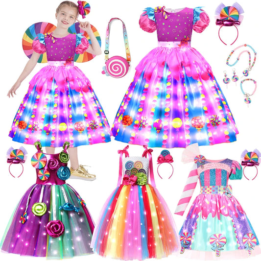 Girl's Rainbow Candy LED Costume Kid Purim Cosplay Lollipop Puff Sleeve Princess Dress With Lollipop Wand Birthday Party Clothes