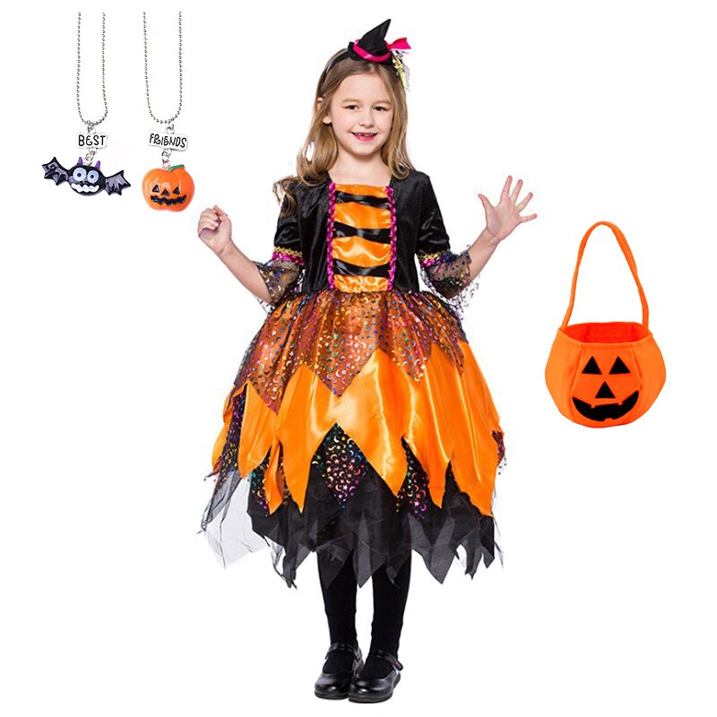 Halloween Masquerade Party Girls Purple Orange Green Witch Costume Hat Broom Props Child Carnival Stage Drama Performance Dress