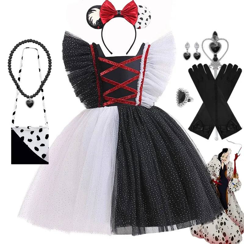 Halloween Movie Evil Cruella Girls Costume Kids Cosplay Cruella Masquerade Party Black White TuTu Dress Headwear Carnival Party