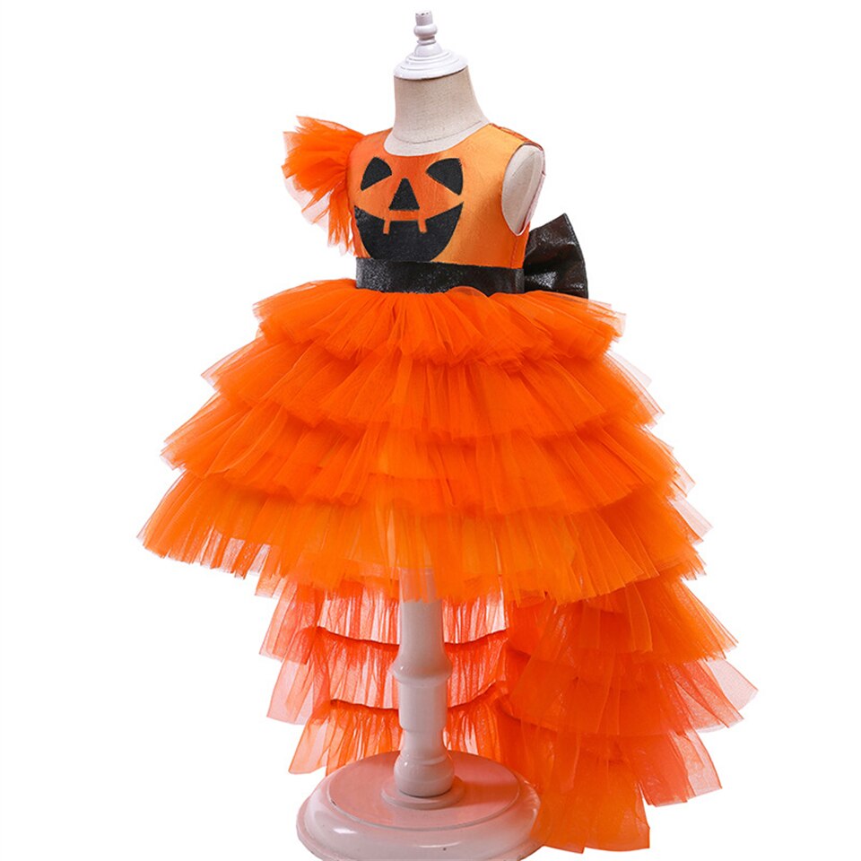 Halloween Disguised Baby Girl Pumpkin Print Witch Tiered Cocktail Dresses with Train Child Coplay Vampire Masquerade Tail Dress