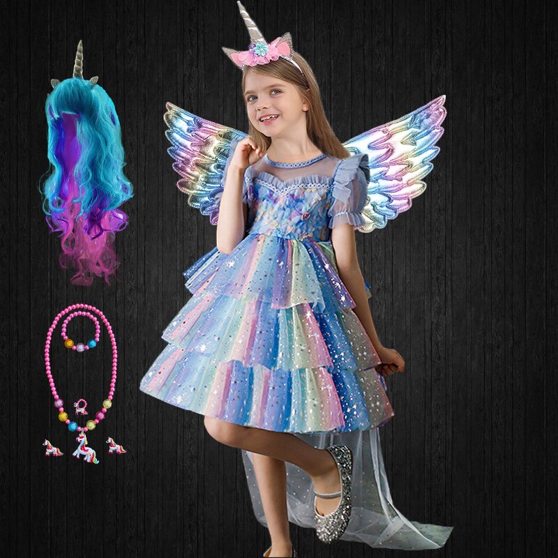 Halloween Fancy Girls Rainbow Shiny Tulle Unicorn Dress + Long Cloak