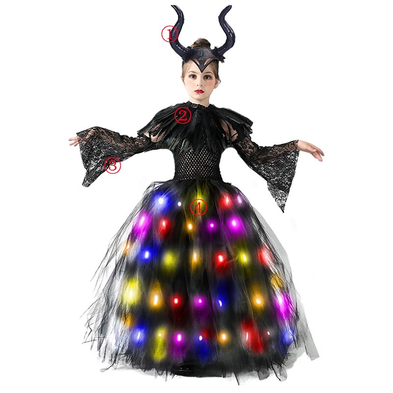 Disney Halloween Costume for Kids LED Light up Maleficent Tutu Dress For Girls Cosplay Evil Queen Black Mesh Princess Dress