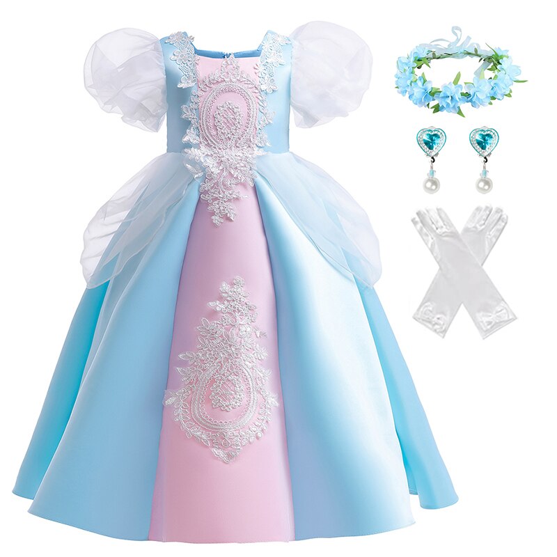 Disney New Fancy Cinderella Puff Sleeve Lace Ball Gown Princess Dress for Girls