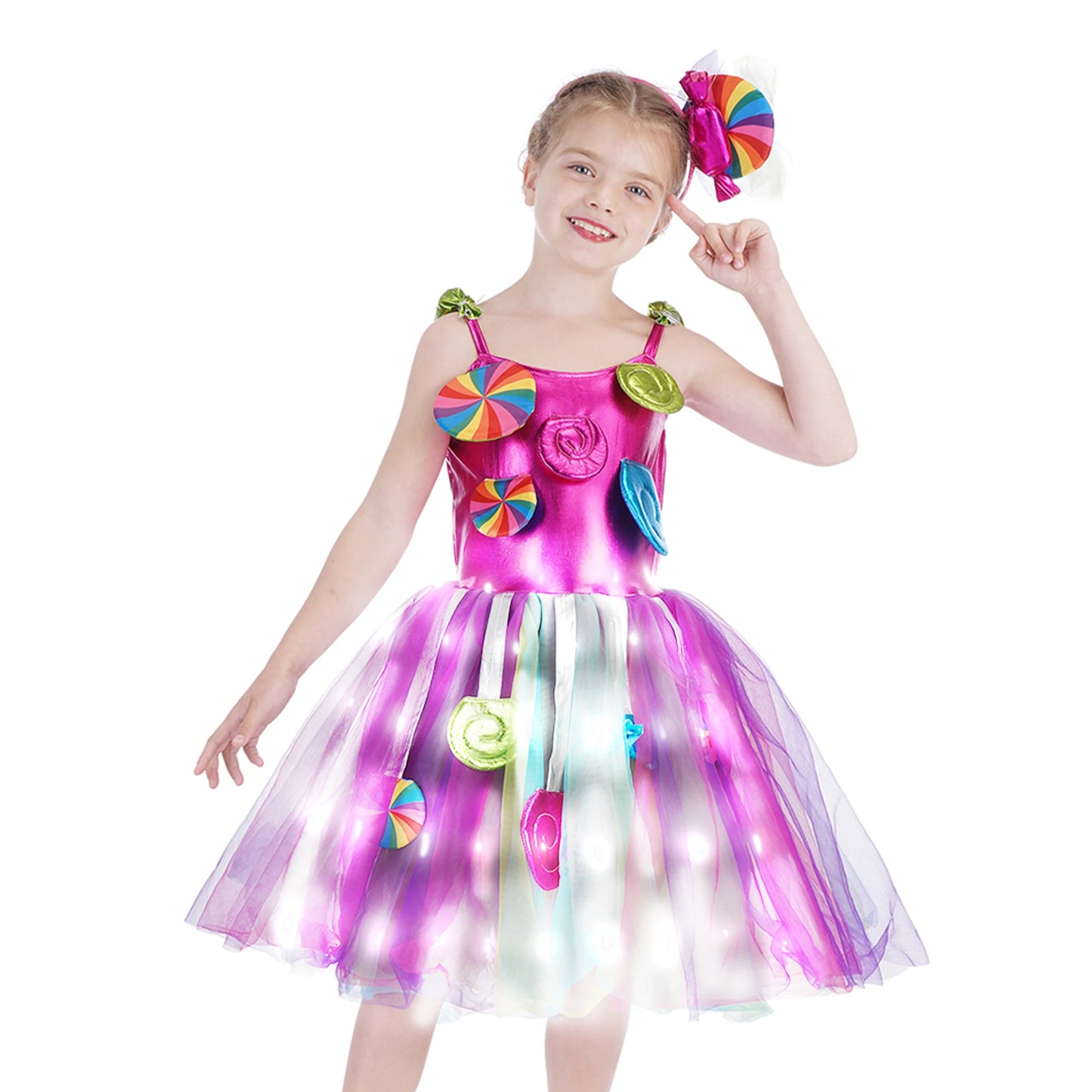 Girl's Rainbow Candy LED Costume Kid Purim Cosplay Lollipop Puff Sleeve Princess Dress With Lollipop Wand Birthday Party Clothes