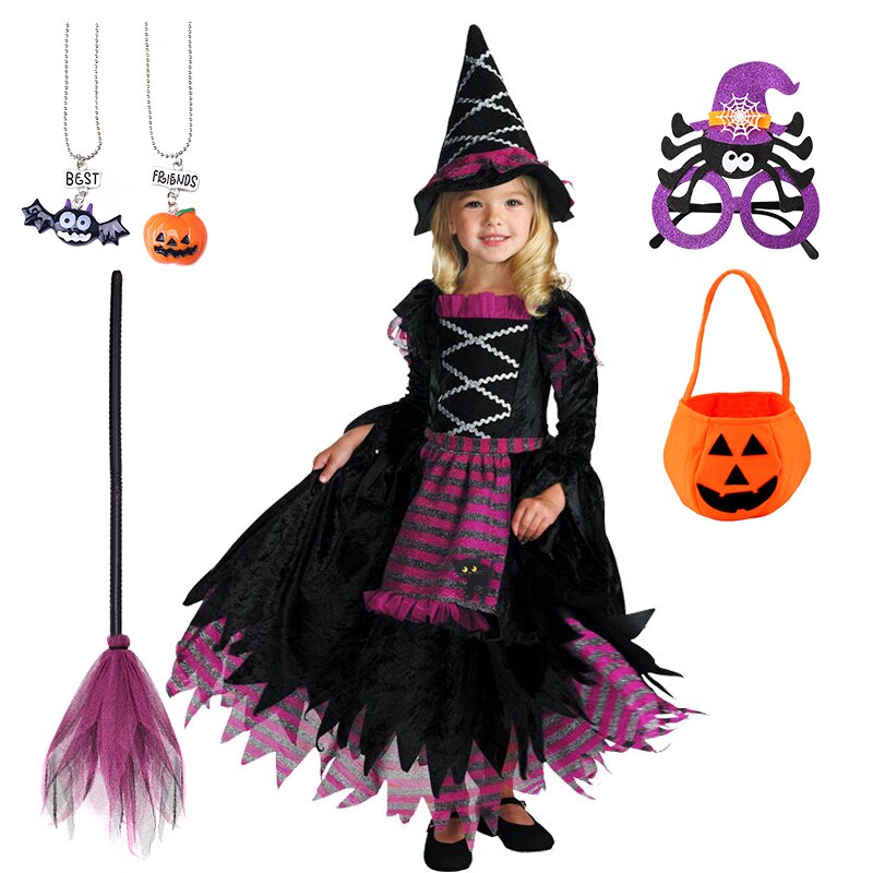 Halloween Masquerade Party Girls Purple Orange Green Witch Costume Hat Broom Props Child Carnival Stage Drama Performance Dress