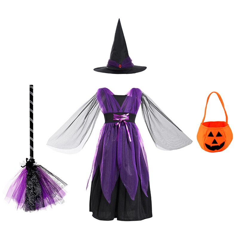 Halloween Disguised Baby Girl Pumpkin Print Witch Tiered Cocktail Dresses with Train Child Coplay Vampire Masquerade Tail Dress