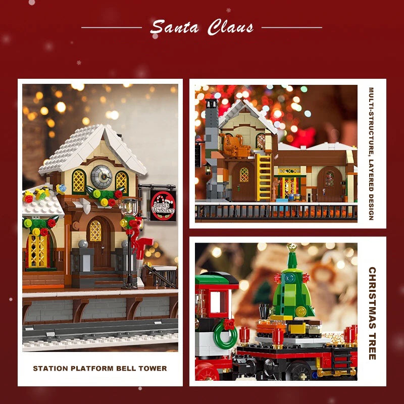 2023 Creative Christmas Train Station Architectural Scenery Building Blocks Bricks Model Assembly DIY Toys for Kids Holiday Gift