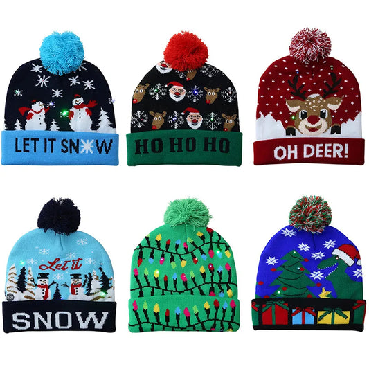 LED Christmas Hat Sweater Knitted Beanie Christmas Light Up Knitted Hat Christmas Gift for Kids Xmas 2023 New Year Decorations