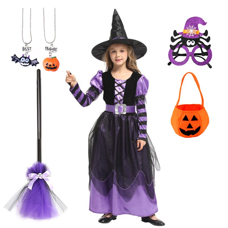 Girls Halloween Cosplay Witch Dress+Hat+belt Clothing Set