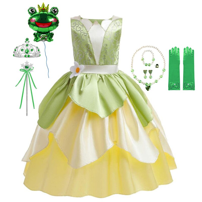 Disney Tiana Princess Dresses Girl Cosplay The Princess And The Frog Flower Off Shoulder Clothes for Kids Birthday Party Costume