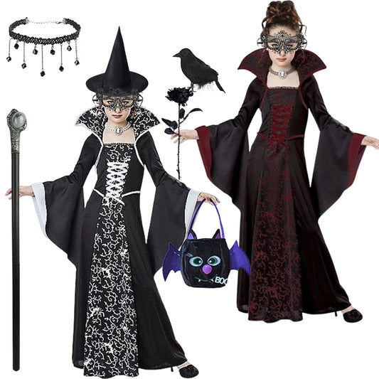 Girls Evil Witch Cosplay Costumes Kids Halloween Ghost Bride Dress New Retro Lace Stand Collar Trumpet Sleeves Printed Dresses