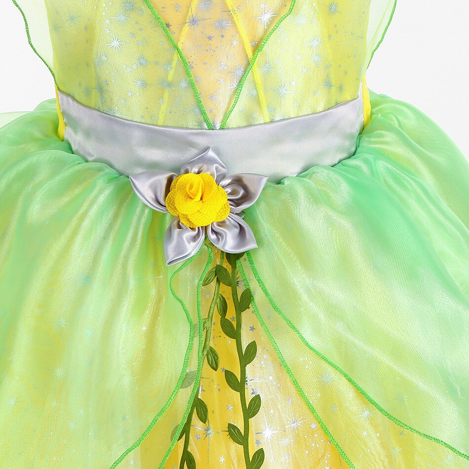 Disney Tiana Princess Dresses Girl Cosplay The Princess And The Frog Flower Off Shoulder Clothes for Kids Birthday Party Costume