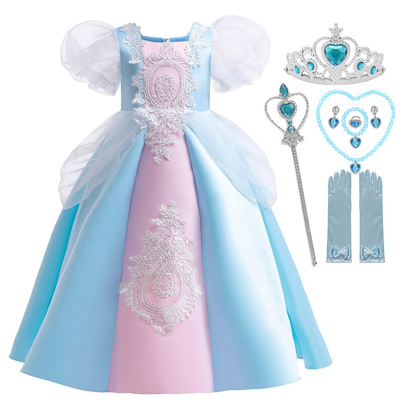 Disney New Fancy Cinderella Puff Sleeve Lace Ball Gown Princess Dress for Girls