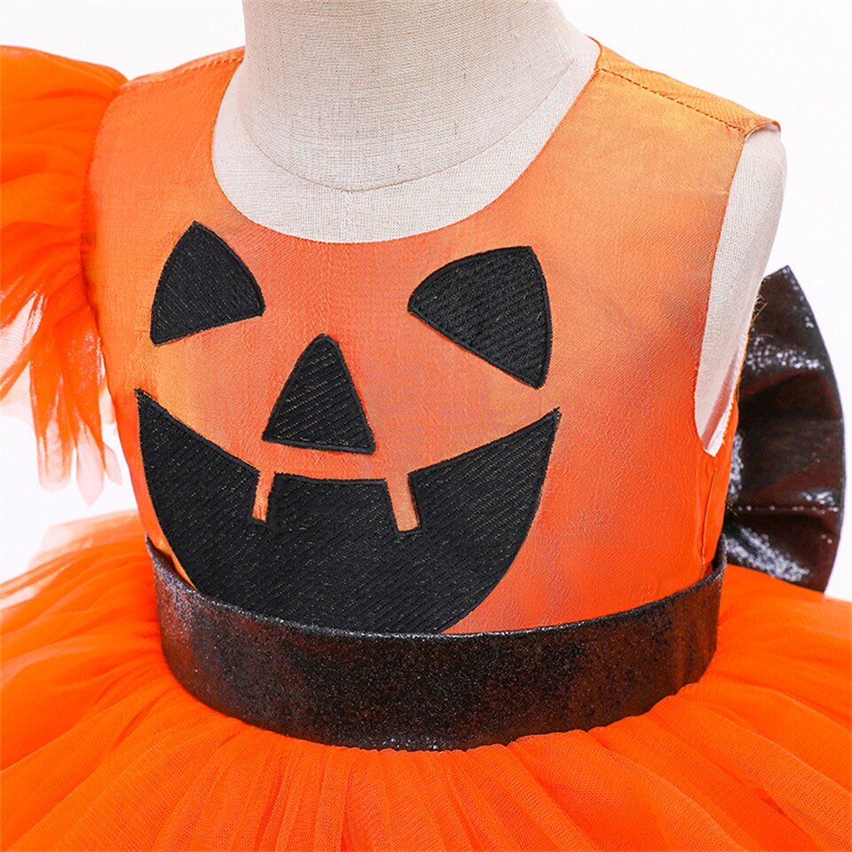 Halloween Disguised Baby Girl Pumpkin Print Witch Tiered Cocktail Dresses with Train Child Coplay Vampire Masquerade Tail Dress