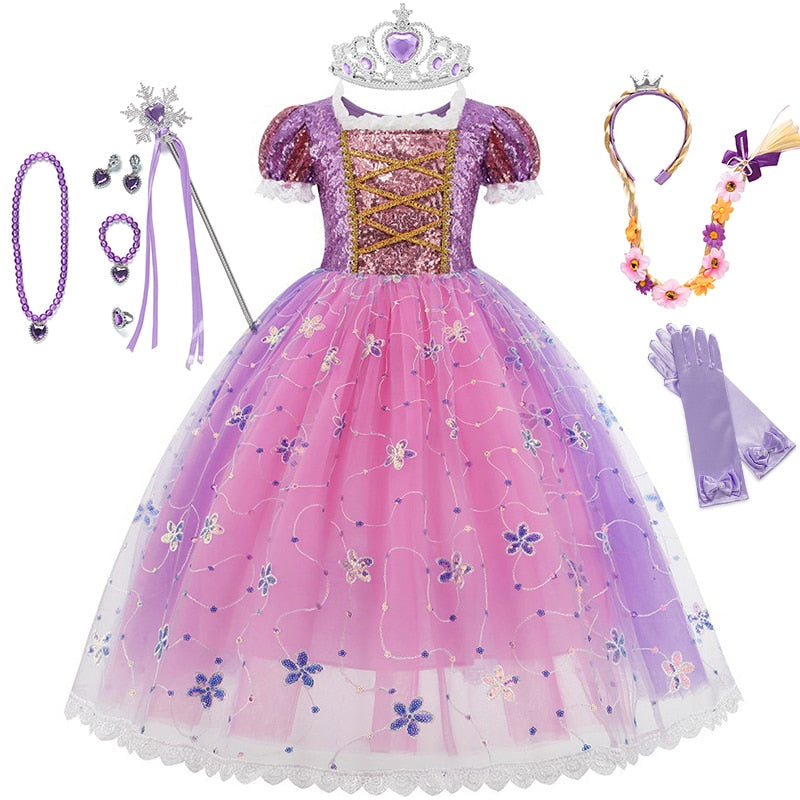 Disney Girls Cosplay Tangled Rapunzel Princess Dresses Kids Costume Fancy Purple Luxury Mesh Clothes Birthday Party Ball Gown