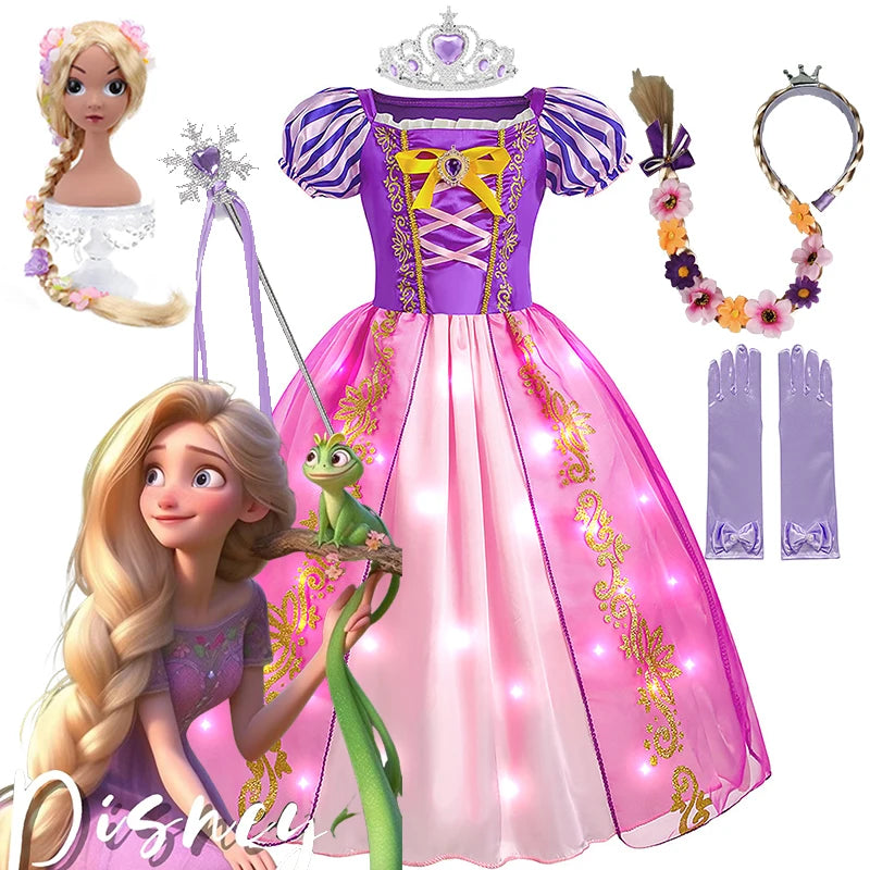 2024 LED Girls Rapunzel Princess Dresses Kids Cosplay Costume Dress Disney Children Halloween Carnival Party Clothing Outfit