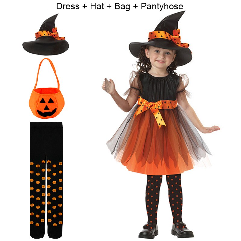 Children Girls Halloween Cosplay Witch Costume Teens Baby Girl Gown Infant Witch Dress Clothing Set Hat Pumpkin Bag