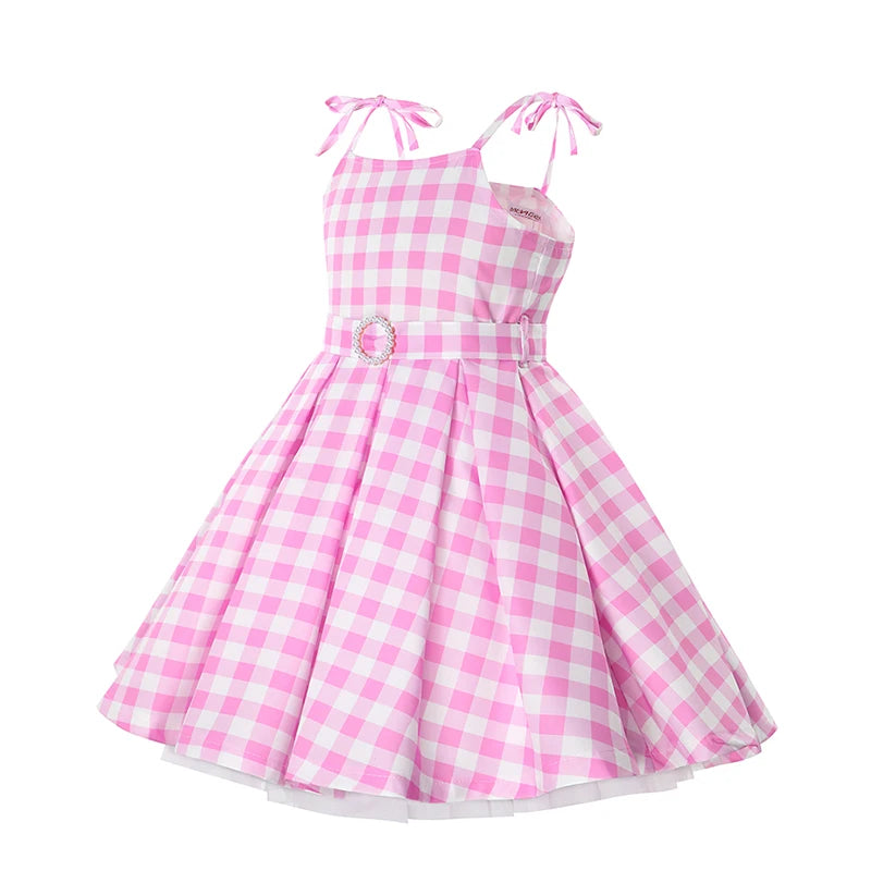 2024 Barbie Cosplay Costume for Girls Movie Margot Robbie Pink Dress for kids Pink Sleeveless Plaid Dress Girls Birthday Dress