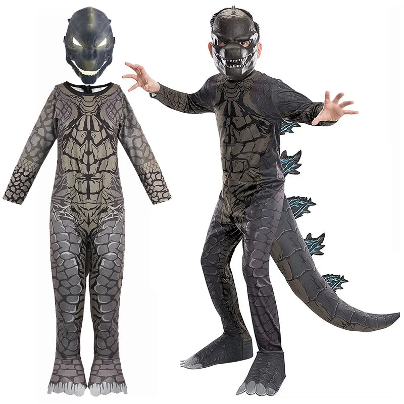 Kids Goldzilla JumpsuitCosplay Costumes with Mask Dinosaur Jumpsuit for Children Birthday Gift Halloween Party Role Play Dress