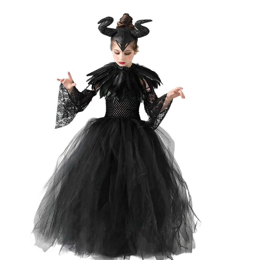 Girls Halloween Cosplay Costume Maleficent Tutu Wednesday Dresses For Girls Cosplay Evil Queen Black Mesh Princess Dress Vestido