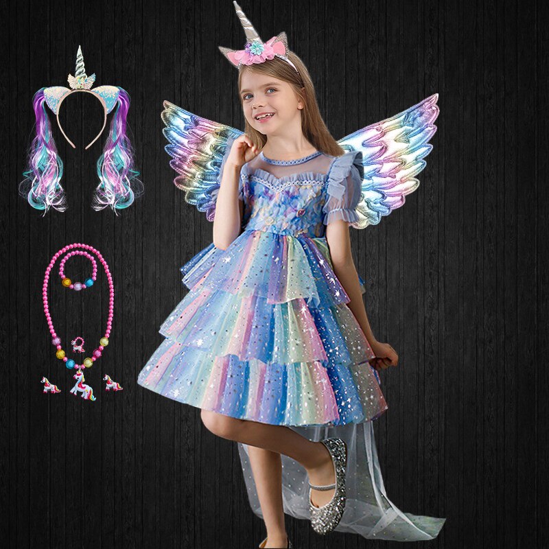 Halloween Fancy Girls Rainbow Shiny Tulle Unicorn Dress + Long Cloak