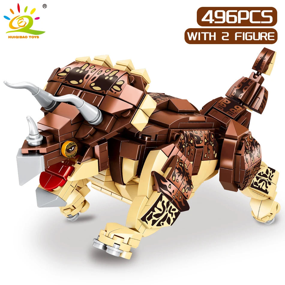 HUIQIBAO Jurassic Indominus Rex Dinosaur World Model Building Blocks City Triceratops Velociraptor Dino Park Bricks Children Toy