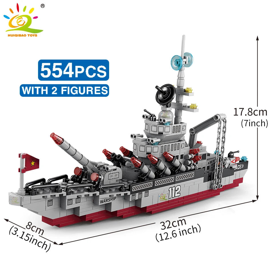 HUIQIBAO Military Ship 554pcs 8in1 Aircraft Cruiser Building Blocks Army Warship Plane Truck Bricks City Children Toys for Boy