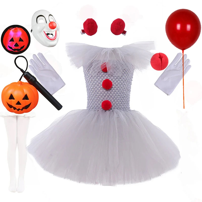 Halloween Gray Joker Cosplay Dress Girls Costume Tutu Dress Creepy Clown Children Tulle Fancy Dress Kids Carnival Party Clothing