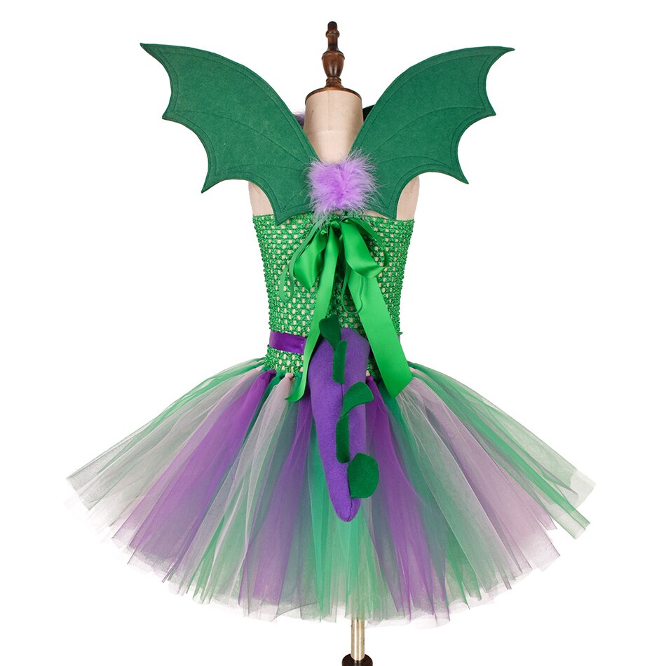 New Kids Halloween Mesh Tutu Dress Girl Dinosaur Cosplay Costume with Headband Wings Tail