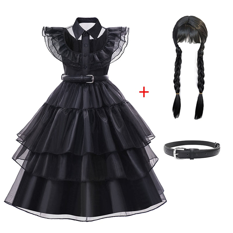 Character Wednesday Addams Girls Dresses Kids Cosplay Black Mesh Gothic Costumes Children Halloween Carnival Party Clothes 3-14T