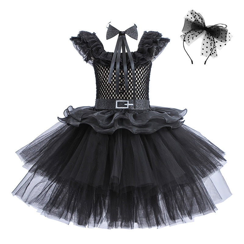 Wednesday Cosplay Princess Dress For Girls Costume 2023 Halloween Tie Tulle TuTu Dresses Black Gothic Kids Evening Party Clothes