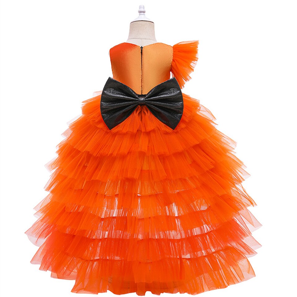 Halloween Disguised Baby Girl Pumpkin Print Witch Tiered Cocktail Dresses with Train Child Coplay Vampire Masquerade Tail Dress