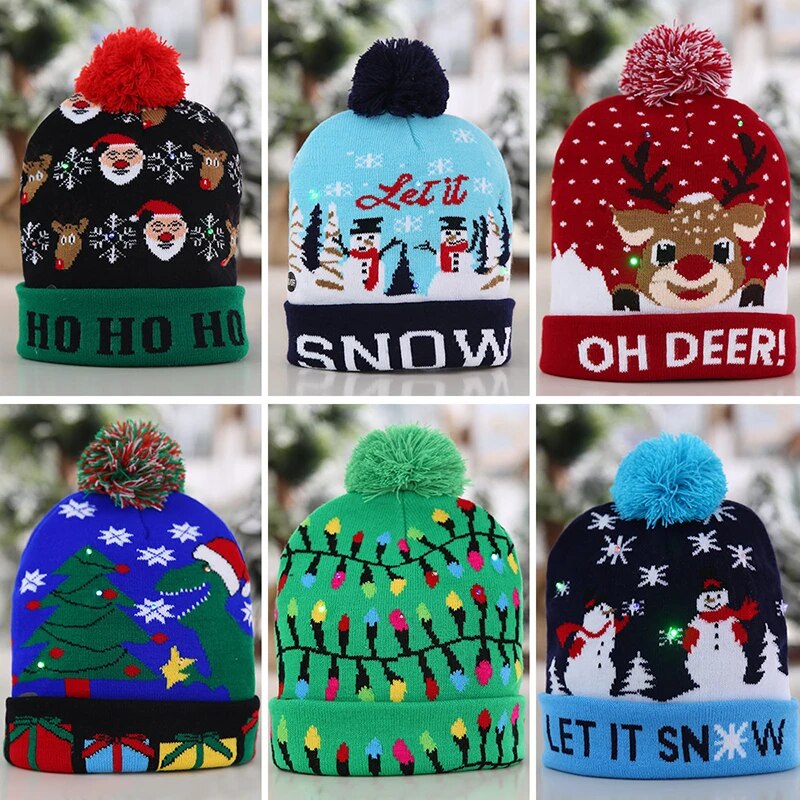 LED Christmas Hat Sweater Knitted Beanie Christmas Light Up Knitted Hat Christmas Gift for Kids Xmas 2023 New Year Decorations