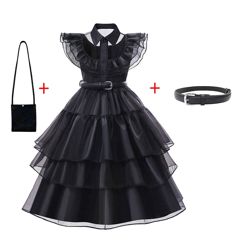 Character Wednesday Addams Girls Dresses Kids Cosplay Black Mesh Gothic Costumes Children Halloween Carnival Party Clothes 3-14T