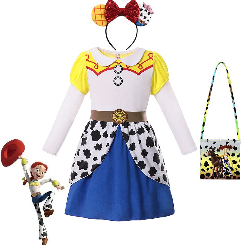 Disney Toy Story 4 Jessie Cosplay Carnival Princess Dress Long  Sleeves Girls Costume With Headband For Halloween Birthday Party