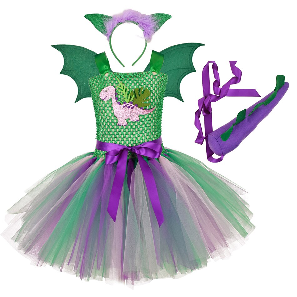 New Kids Halloween Mesh Tutu Dress Girl Dinosaur Cosplay Costume with Headband Wings Tail