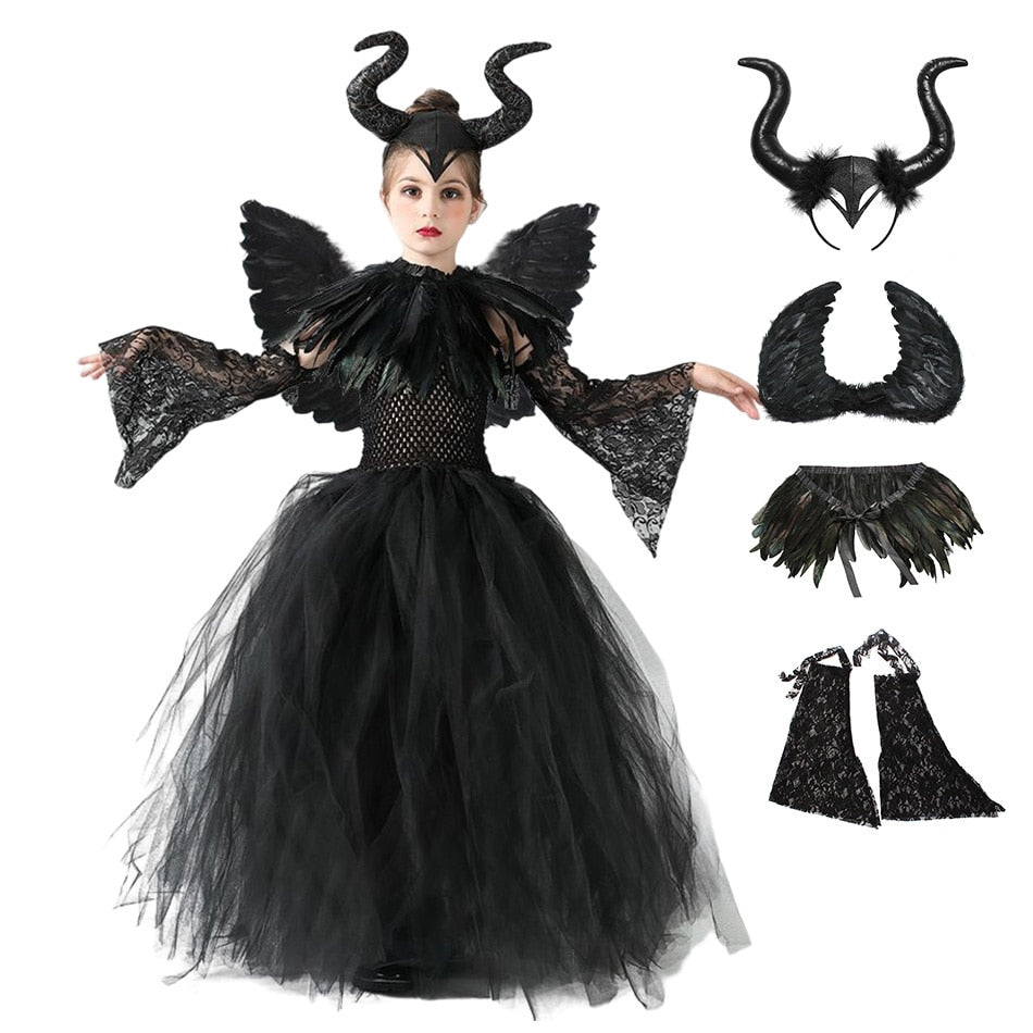 Disney Halloween Costume for Kids LED Light up Maleficent Tutu Dress For Girls Cosplay Evil Queen Black Mesh Princess Dress